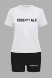 Blue Casual Print Letter O Neck Short Sleeve Two Pieces