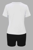 Blue Casual Print Letter O Neck Short Sleeve Two Pieces