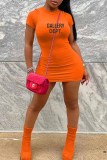 Tangerine Casual Print Letter O Neck One Step Skirt Dresses