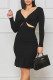 Black Sexy Solid Hollowed Out Patchwork Flounce V Neck Pencil Skirt Dresses
