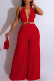 Red Sexy Solid Patchwork Backless Halter Straight Jumpsuits