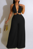 Black Sexy Solid Patchwork Backless Halter Straight Jumpsuits