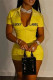 Yellow Fashion Casual Letter Embroidery Solid Color Zipper Collar Short Sleeve Dress