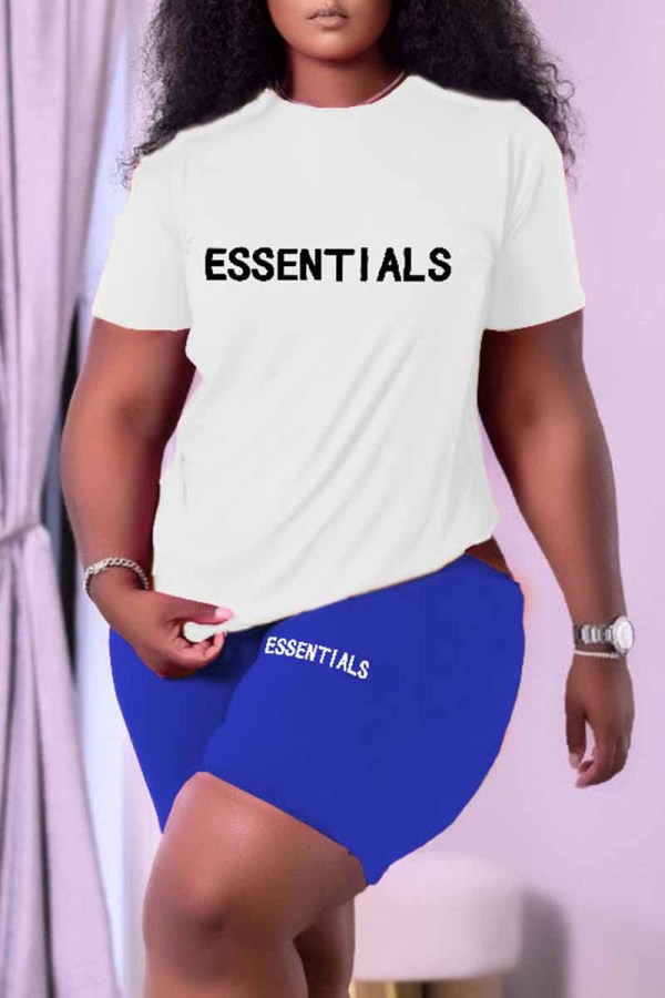 Blue Casual Print Letter O Neck Short Sleeve Two Pieces