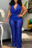 Blue Sexy Patchwork Sequins Halter Boot Cut Jumpsuits
