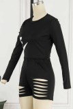 Red Casual Print Ripped O Neck Long Sleeve Two Pieces