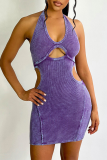 Purple Sexy Solid Hollowed Out Halter Pencil Skirt Dresses