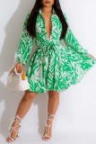 Rose Red Casual Print Patchwork Turndown Collar Long Sleeve Dresses