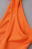 Tangerine Red Sexy Solid Hollowed Out Patchwork Backless Sleeveless Two Pieces