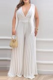 White Casual Solid Patchwork V Neck Regular Jumpsuits