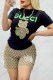 Black Casual Print Letter O Neck Short Sleeve Two Pieces