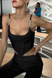 Black Sexy Solid Rhinestone Spaghetti Strap Tops