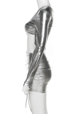 Silver Sexy Solid Hollowed Out One Shoulder Pencil Skirt Dresses