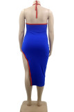 Blue Sexy Solid Patchwork Slit Asymmetrical Halter Pencil Skirt Dresses