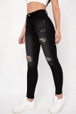 Black Casual Solid Ripped Skinny High Waist Pencil Solid Color Bottoms