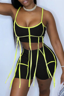 Black Sexy Casual Solid Patchwork Backless Spaghetti Strap Sleeveless Two Pieces