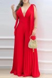 Red Casual Solid Patchwork V Neck Regular Jumpsuits