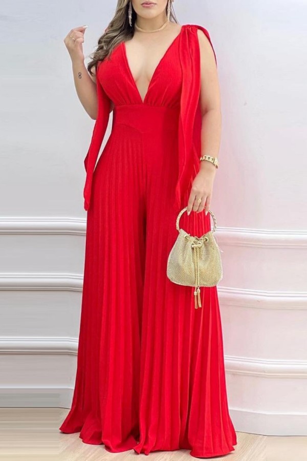 Red Casual Solid Patchwork V Neck Regular Jumpsuits