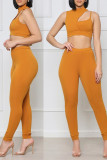 Orange Casual Sportswear Solid Hollowed Out Patchwork O Neck Sleeveless Two Pieces