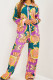 Purple Casual Print Patchwork Buckle Turndown Collar Long Sleeve Two Pieces