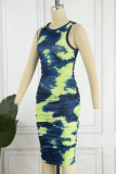 Green Casual Print Patchwork O Neck Pencil Skirt Dresses