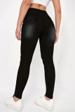 Black Casual Solid Ripped Skinny High Waist Pencil Solid Color Bottoms
