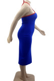 Blue Sexy Solid Patchwork Slit Asymmetrical Halter Pencil Skirt Dresses