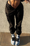 Black Casual Solid Draw String Harlan Mid Waist Harlan Solid Color Bottoms