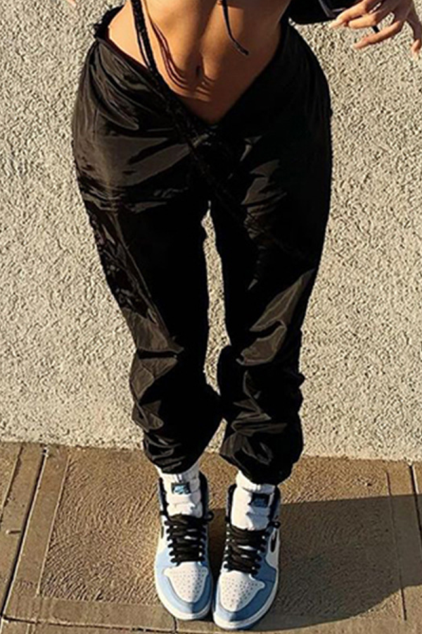 Black Casual Solid Draw String Harlan Mid Waist Harlan Solid Color Bottoms
