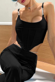Black Sexy Solid Rhinestone Spaghetti Strap Tops