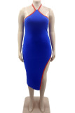 Blue Sexy Solid Patchwork Slit Asymmetrical Halter Pencil Skirt Dresses