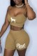 Khaki Casual Street Print Letter Spaghetti Strap Sleeveless Two Pieces