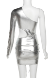 Silver Sexy Solid Hollowed Out One Shoulder Pencil Skirt Dresses
