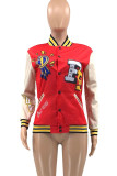Red Casual Street Print Patchwork Buckle Outerwear