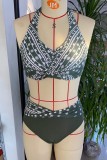 Army Green Sexy Print Bandage Backless Swimwears (With Paddings)