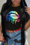 White Casual Lips Printed Basic O Neck T-Shirts