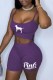 Light Purple Casual Street Print Letter Spaghetti Strap Sleeveless Two Pieces