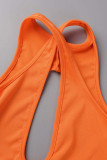 Tangerine Red Sexy Solid Hollowed Out Patchwork Backless Sleeveless Two Pieces