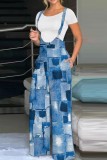 Blue Casual Print Patchwork Spaghetti Strap Regular Jumpsuits (Without Shirt)