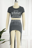 Grey Sexy Street Print Patchwork Asymmetrical O Neck Short Sleeve Two Pieces