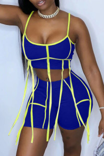 Blue Sexy Casual Solid Patchwork Backless Spaghetti Strap Sleeveless Two Pieces