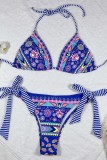 Blue Sexy Print Bandage Backless Swimwears (With Paddings)