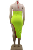 Blue Sexy Solid Patchwork Slit Asymmetrical Halter Pencil Skirt Dresses