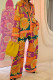 Yellow Casual Print Patchwork Buckle Turndown Collar Long Sleeve Two Pieces