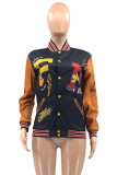Blue Casual Street Print Patchwork Buckle Outerwear