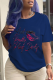 Navy Blue Casual Vintage Print Letter O Neck T-Shirts