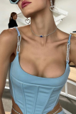 Black Sexy Solid Rhinestone Spaghetti Strap Tops