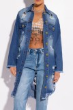 Dark Blue Casual Solid Ripped Patchwork Turndown Collar Long Sleeve Regular Denim Jacket