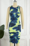 Green Casual Print Patchwork O Neck Pencil Skirt Dresses