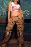 Red Sexy Print Letter U Neck Tops